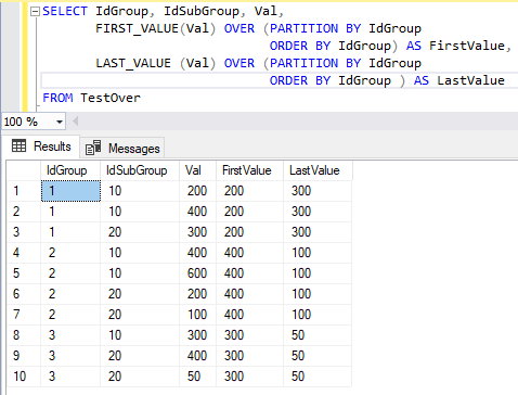 Итоговая таблица запроса с оконными функциями смещения FIRST_VALUE и LAST_VALUE