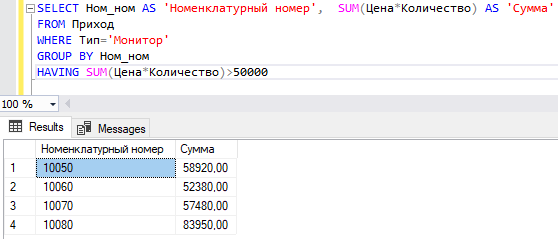 Команда SELECT с предложениями GROUP BY и HAVING