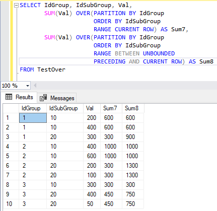 Результат выполнения команды SELECT с агрегатной оконной функцией, содержащей предложение RANGE