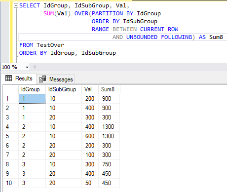 Результат выполнения команды SELECT с агрегатной оконной функцией и сортировкой